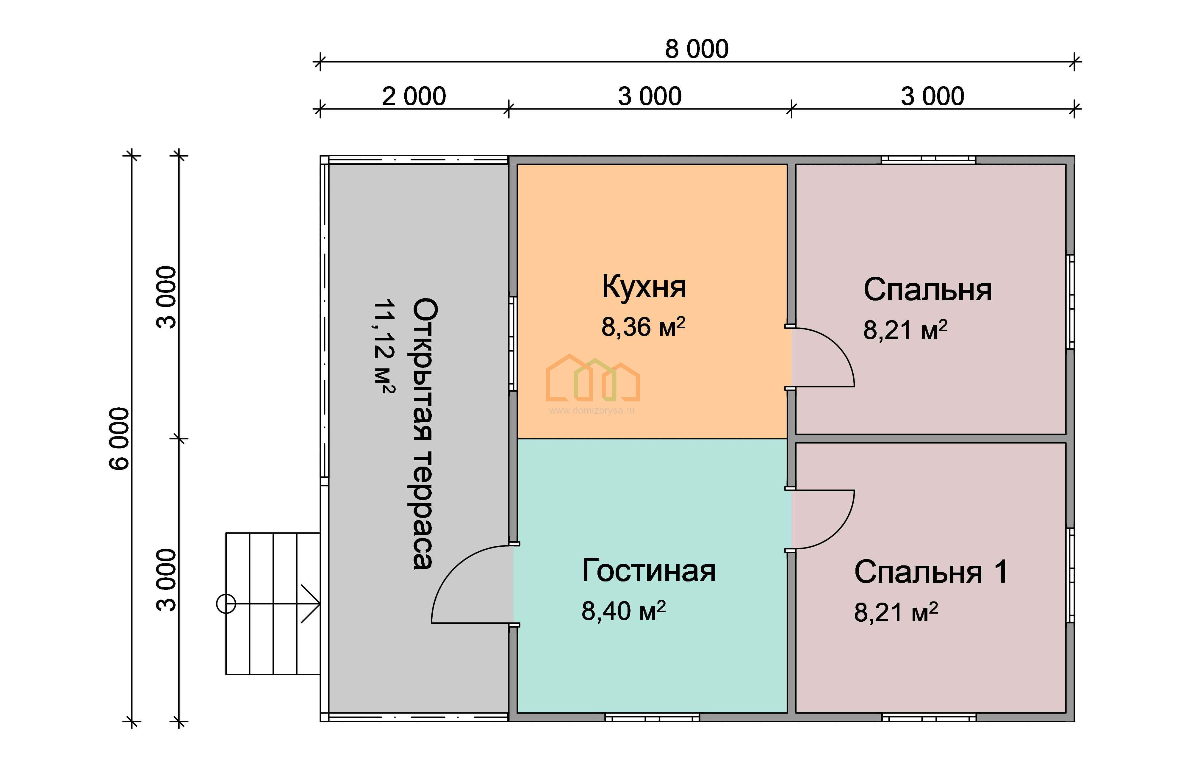 Дом из бруса одноэтажный 6х8 купить в Вологде цена 916000, площадь: 48 м2,  Брус 90х140 мм. с террасой