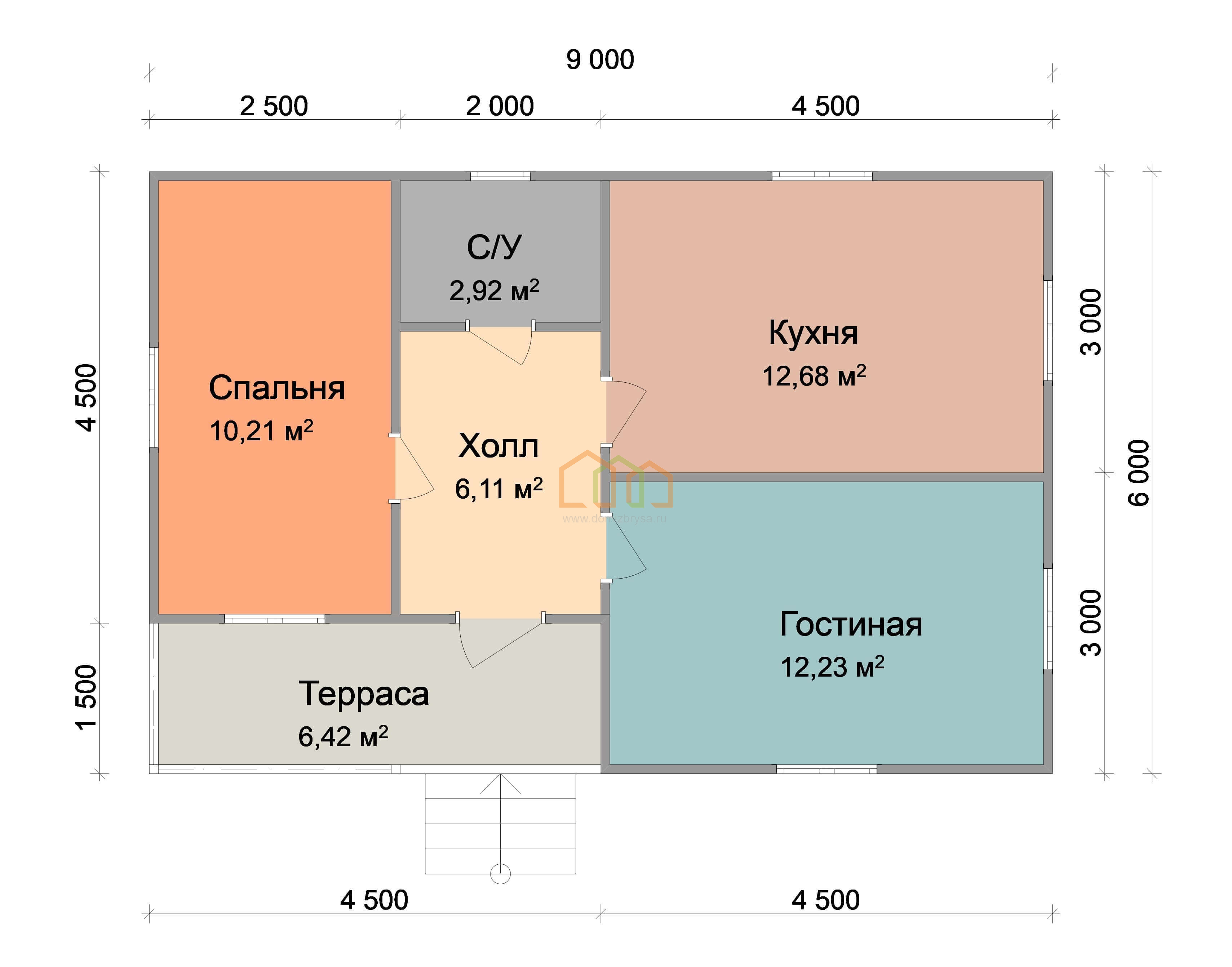 Одноэтажный каркасный дом 6х9 - цена 1473500 руб под ключ в Вологде.  Площадь: 54 м² с террасой