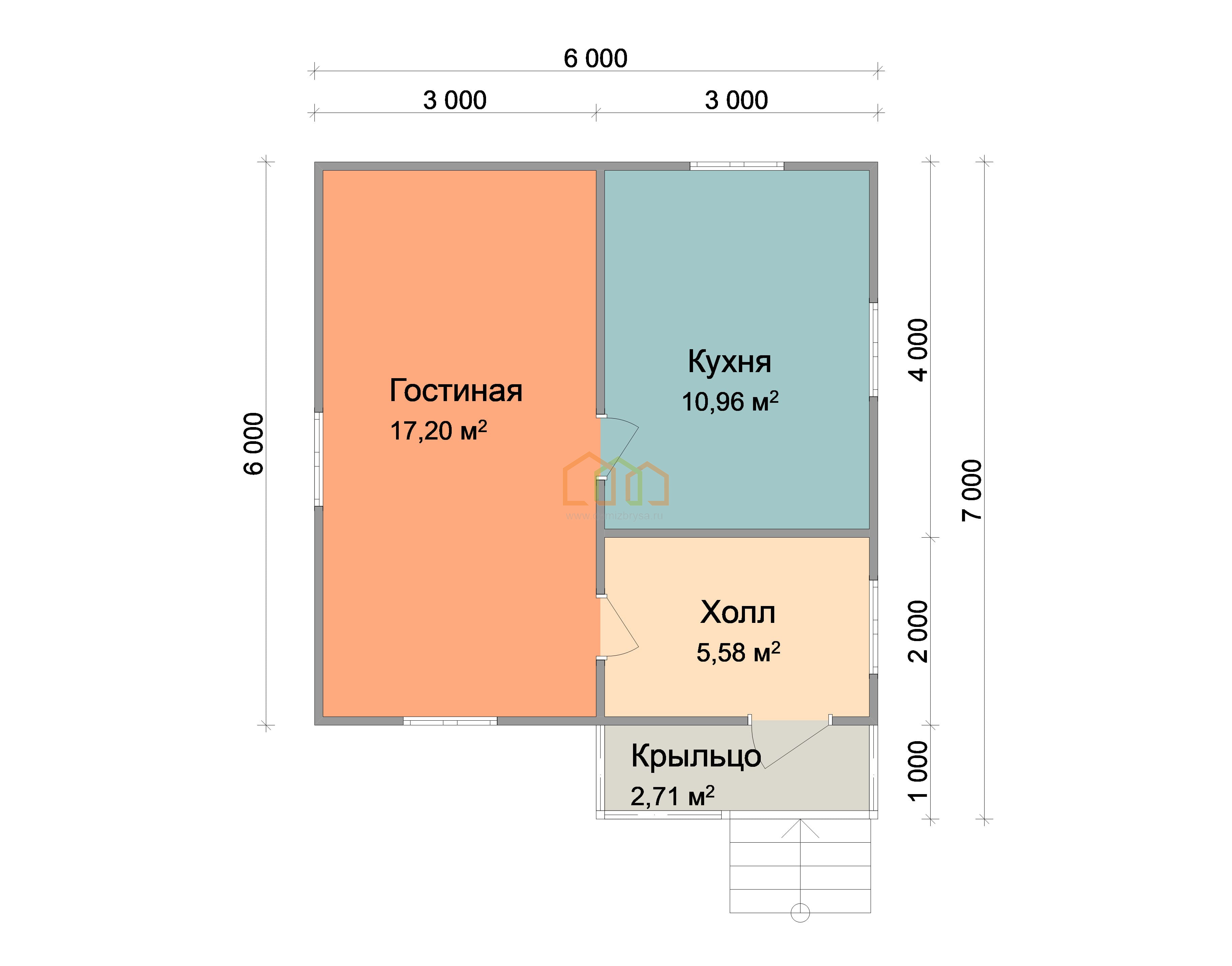 Одноэтажный каркасный дом 6х6 - цена 1018500 руб под ключ в Вологде.  Площадь: 39 м² с крыльцом